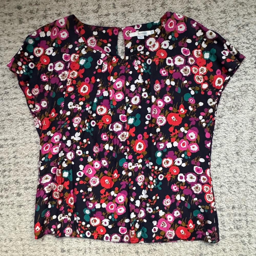 Boden Ravello Silk Blend Short Sleeve Blouse - Floral Print - Size 12